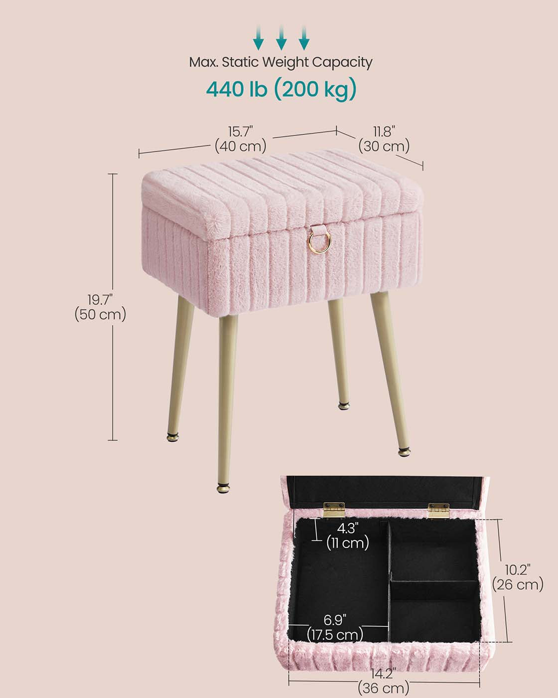 Vanity Stool – Wood and Metal – Slate Grey – Storage with Adjustable Feet