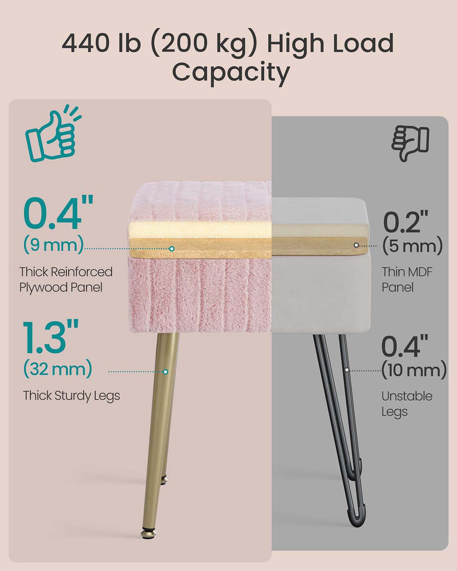 Vanity Stool – Wood and Metal – Slate Grey – Storage with Adjustable Feet