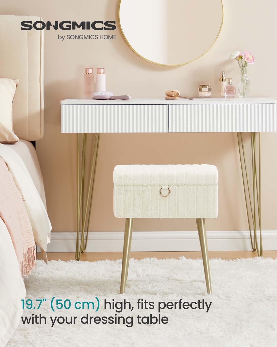 Vanity Stool – Wood and Metal – Slate Grey – Storage with Adjustable Feet