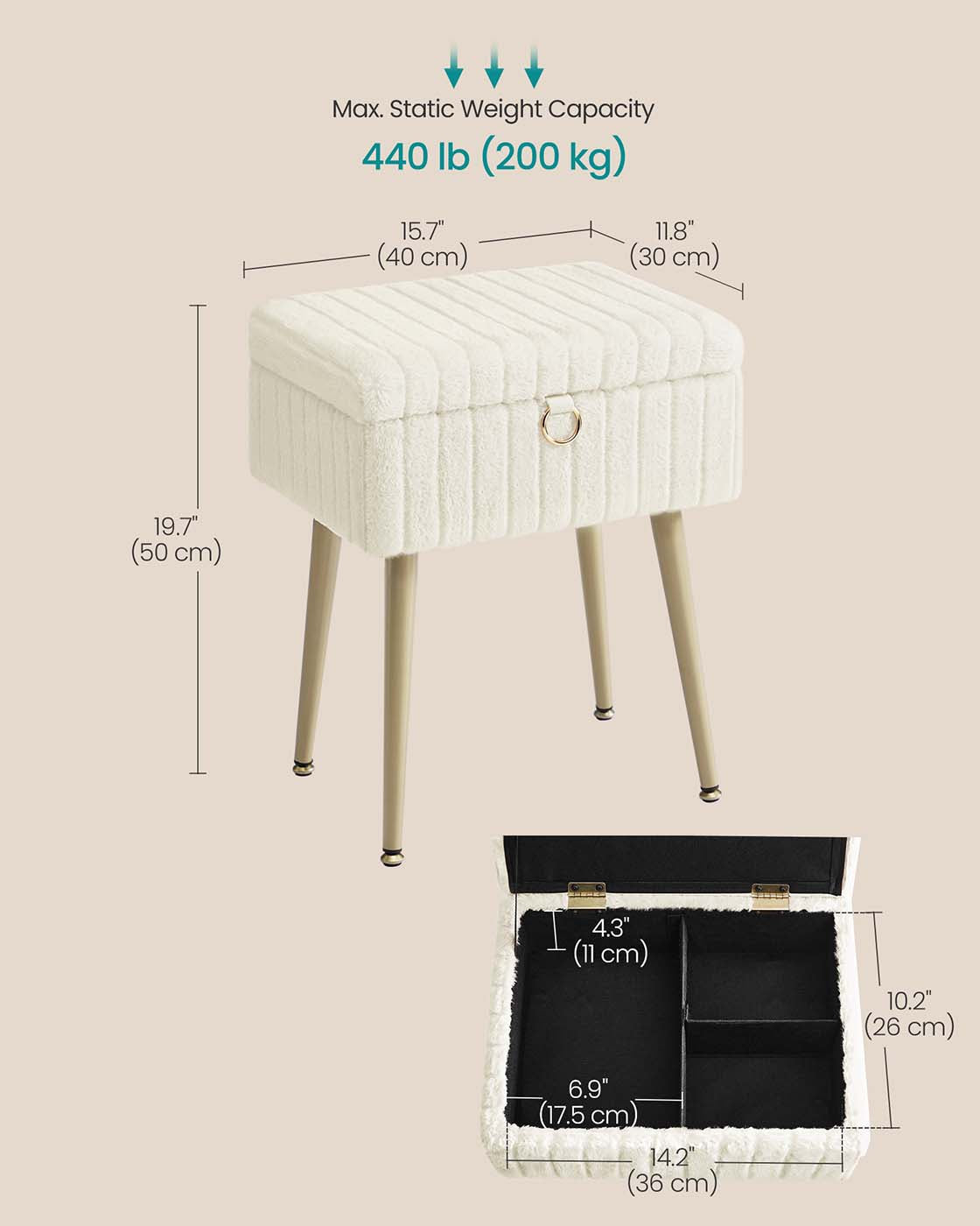 Vanity Stool – Wood and Metal – Slate Grey – Storage with Adjustable Feet