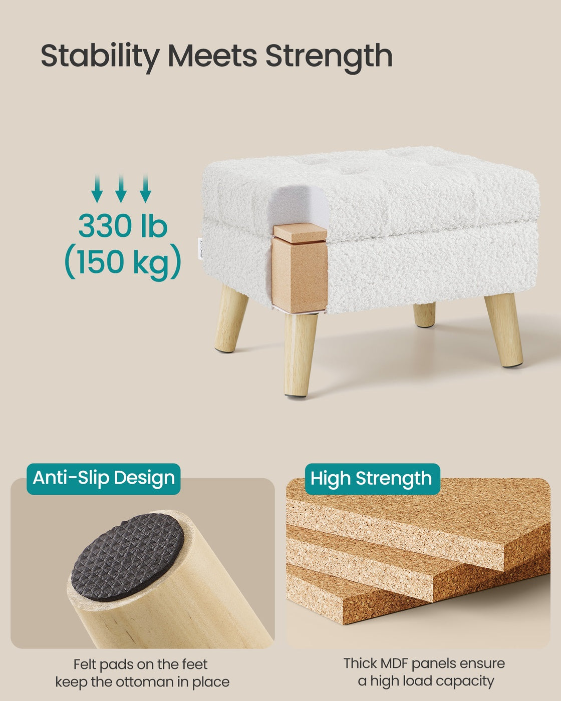 Storage Ottoman - 30L - Rubberwood, Foam, MDF - Padded Seat - Max Load 330 lb