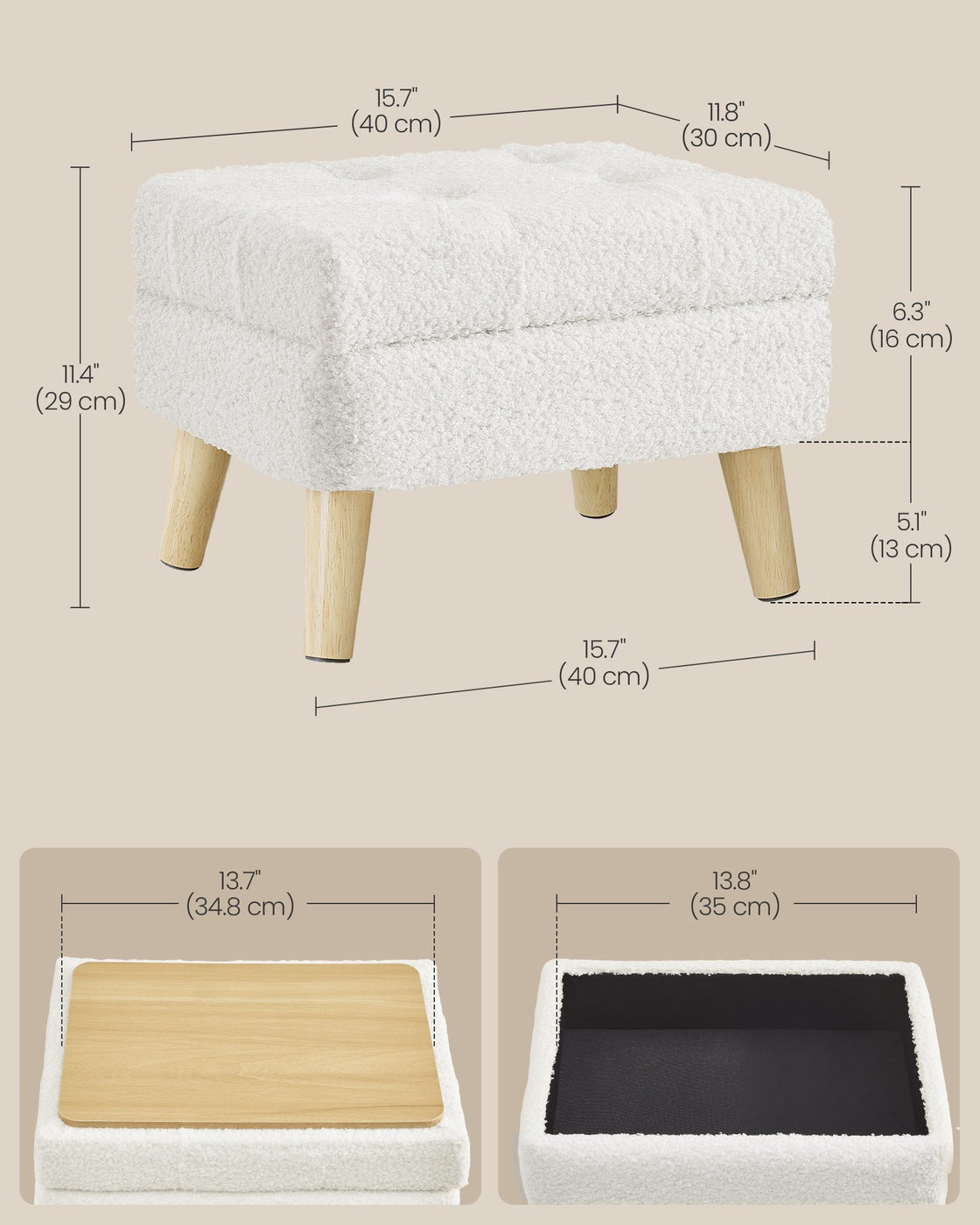 Storage Ottoman - 30L - Rubberwood, Foam, MDF - Padded Seat - Max Load 330 lb