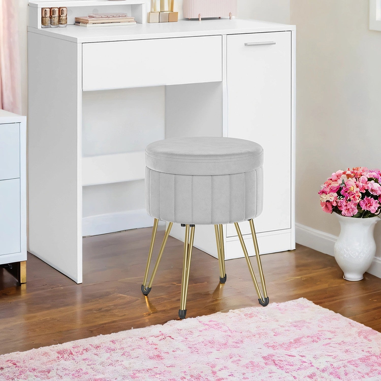 Velvet Makeup Stool – Ink Black – Round with Storage and Metal Legs