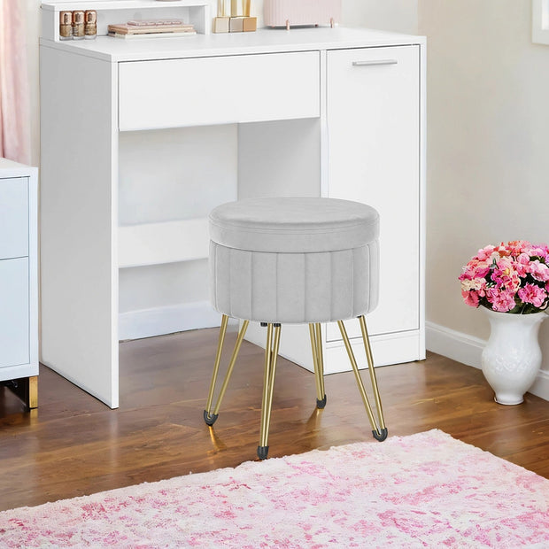 Velvet Makeup Stool – Ink Black – Round with Storage and Metal Legs