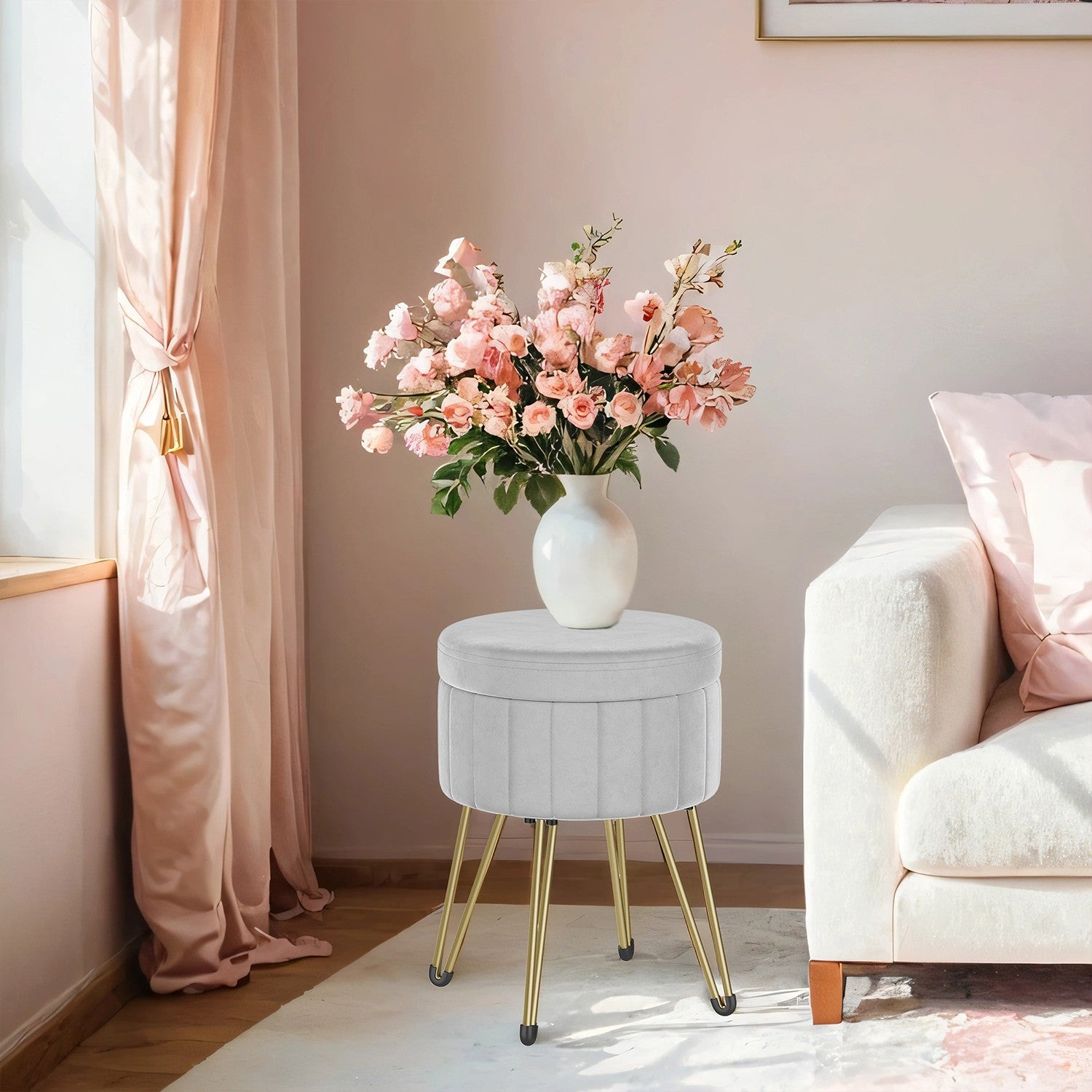 Velvet Makeup Stool – Ink Black – Round with Storage and Metal Legs