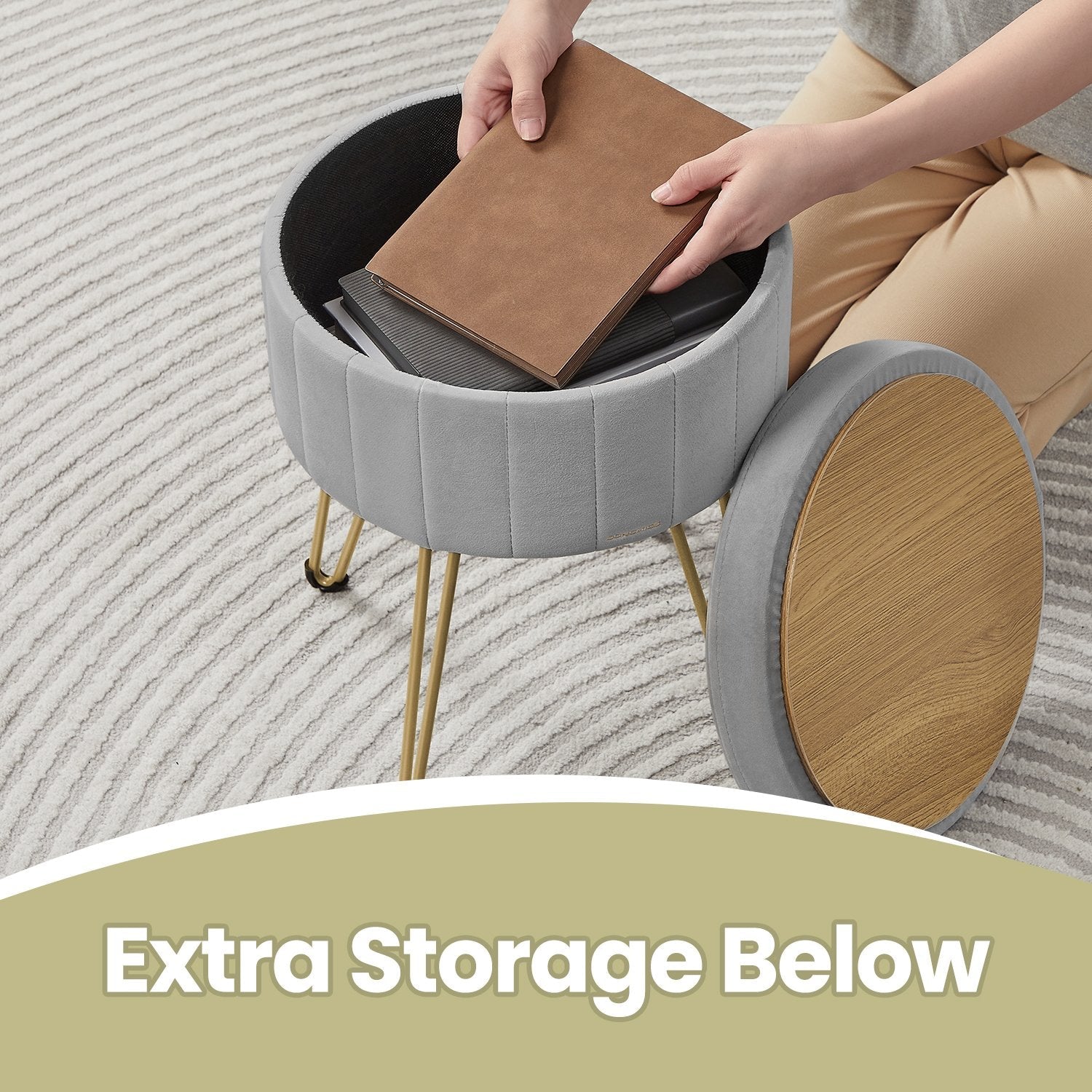 Velvet Makeup Stool – Ink Black – Round with Storage and Metal Legs