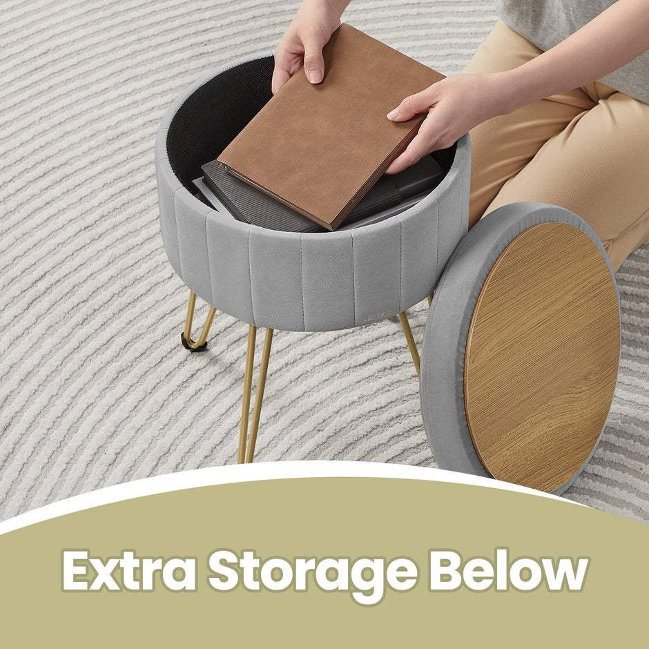 Velvet Makeup Stool – Ink Black – Round with Storage and Metal Legs
