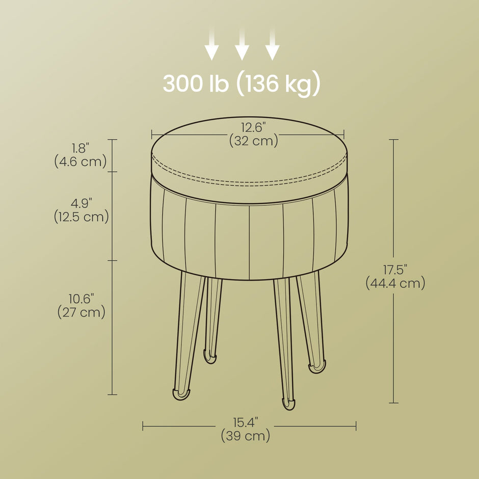 Velvet Makeup Stool – Ink Black – Round with Storage and Metal Legs