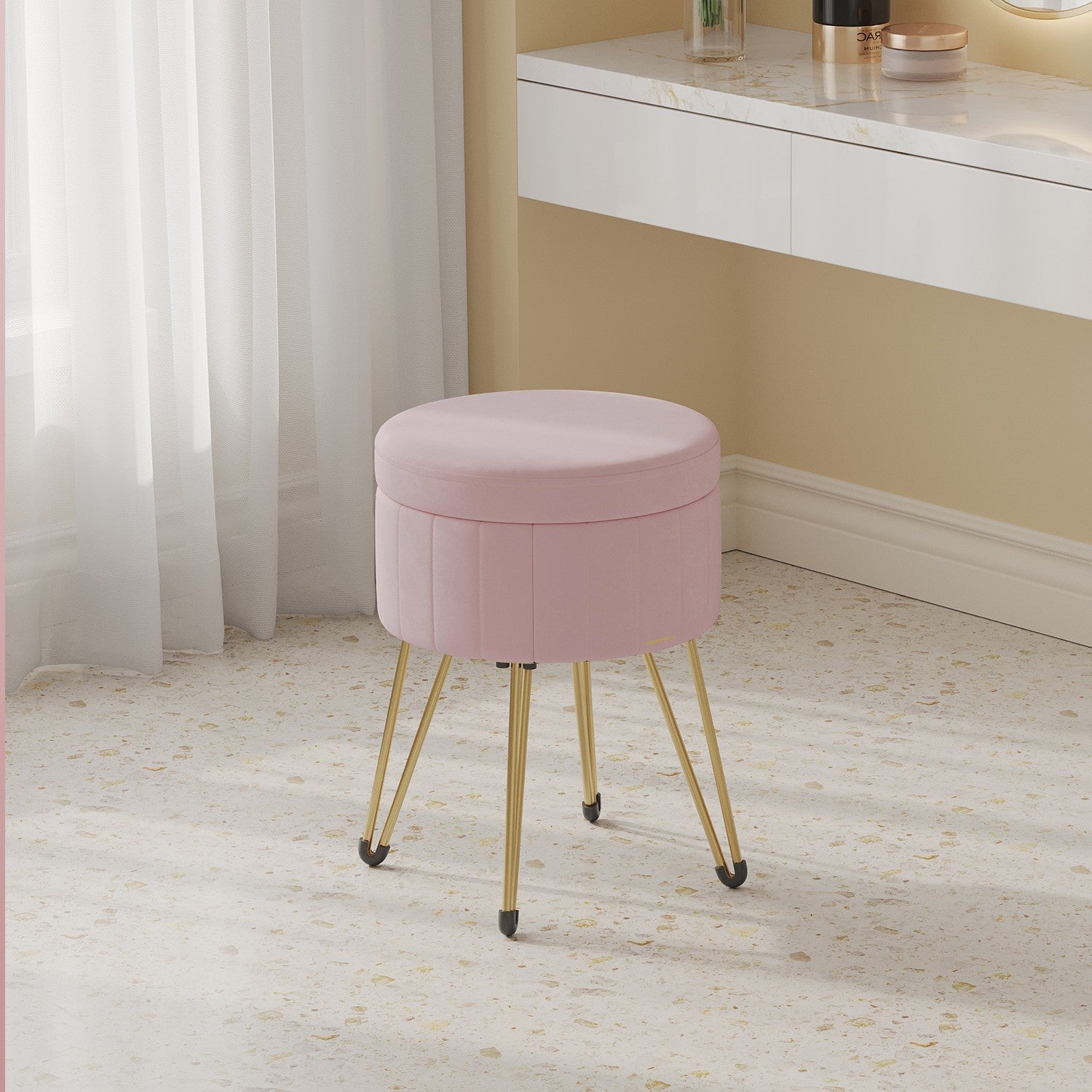 Velvet Makeup Stool – Ink Black – Round with Storage and Metal Legs
