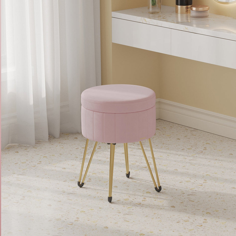 Velvet Makeup Stool – Ink Black – Round with Storage and Metal Legs