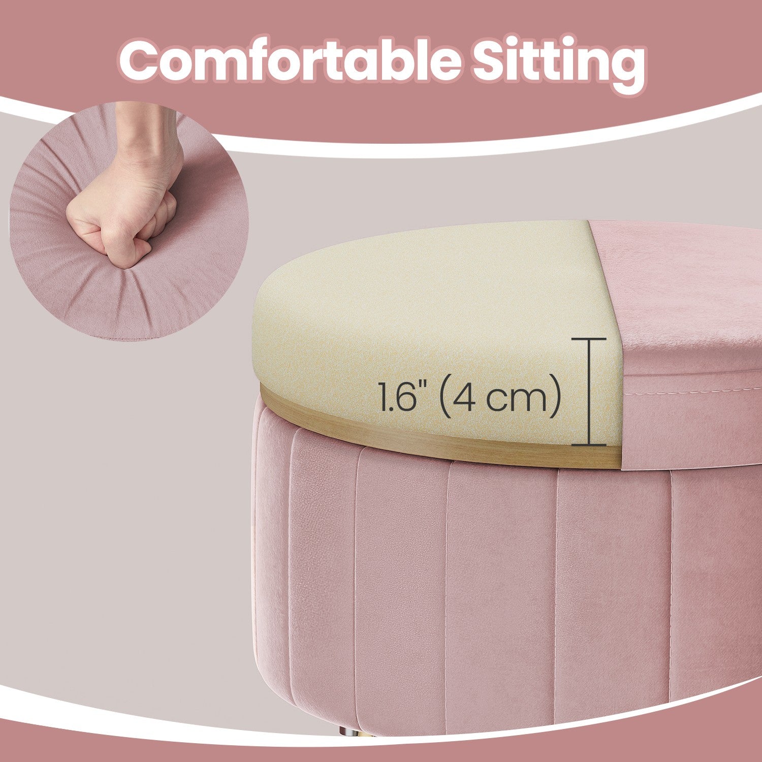 Velvet Makeup Stool – Ink Black – Round with Storage and Metal Legs