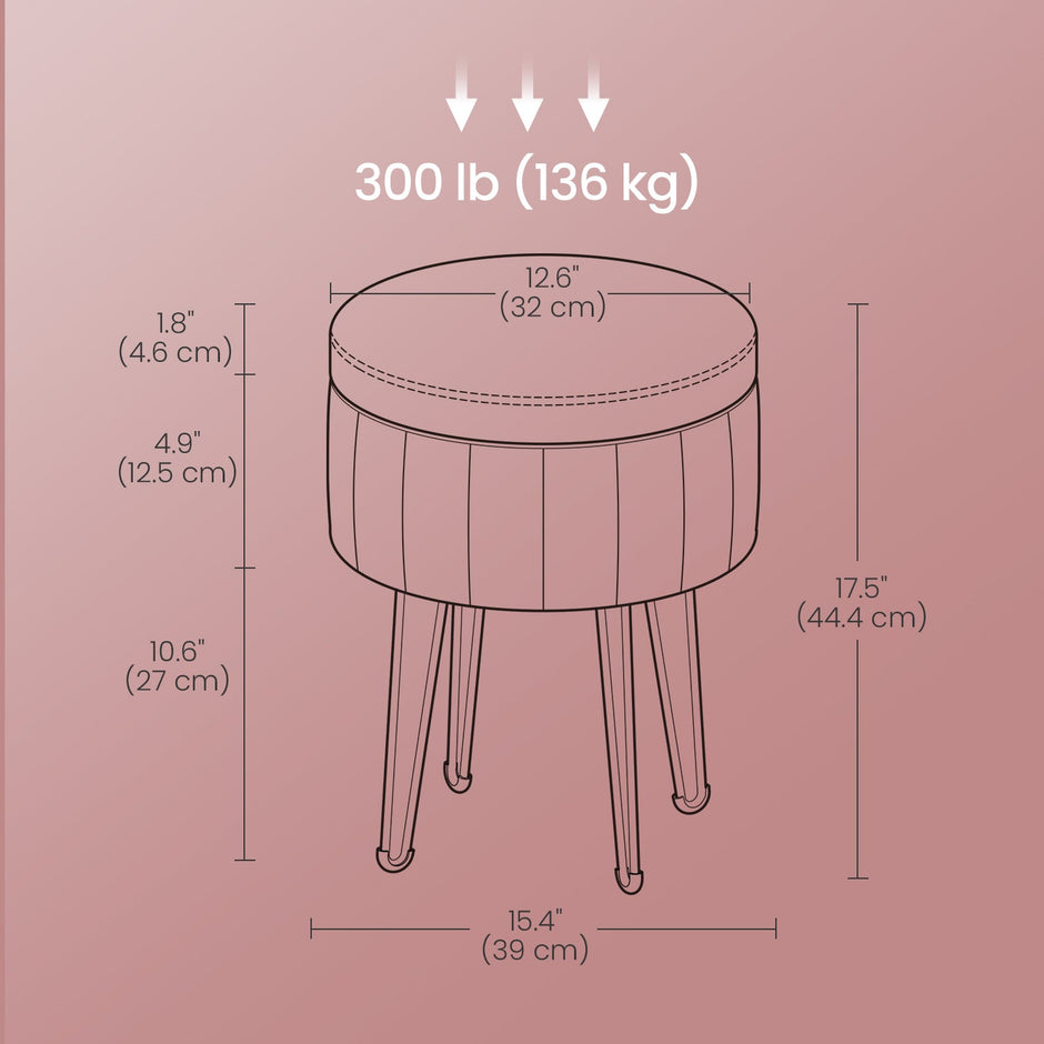 Velvet Makeup Stool – Ink Black – Round with Storage and Metal Legs