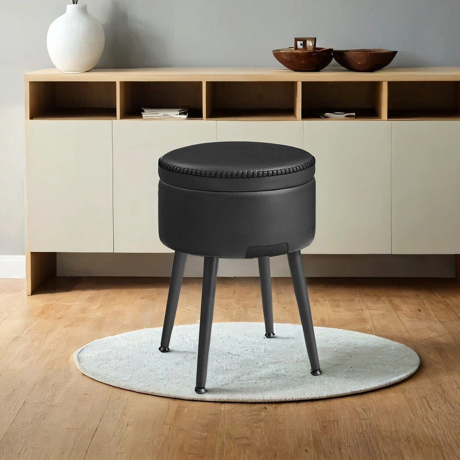 Dressing Table Stool – Synthetic Leather – Round – Mid-Century Modern with Storage and Steel Legs