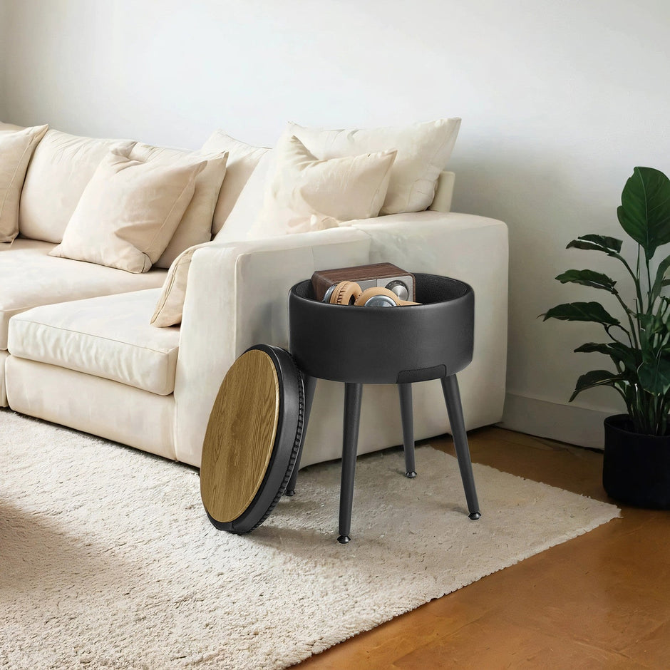 Dressing Table Stool – Synthetic Leather – Round – Mid-Century Modern with Storage and Steel Legs