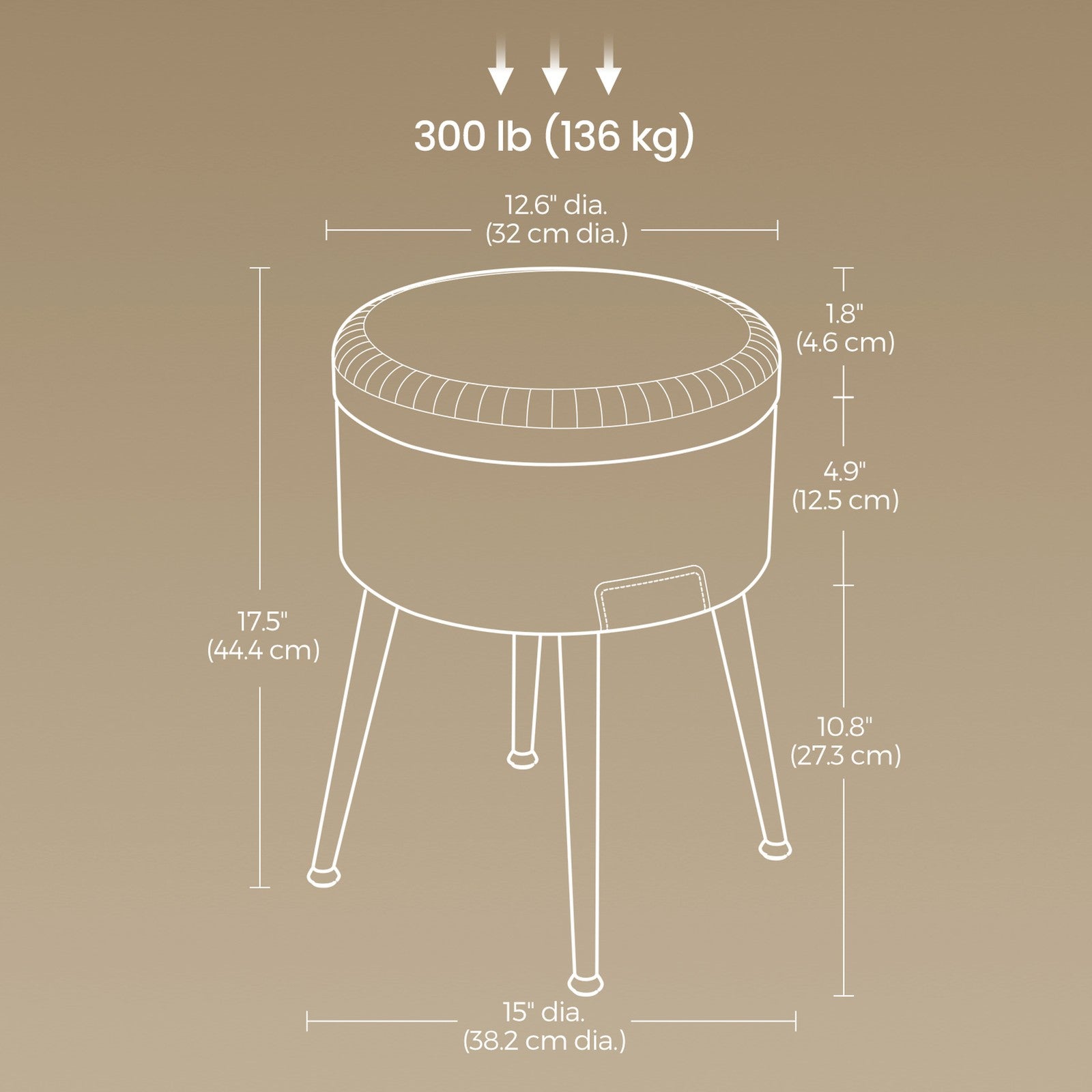 Dressing Table Stool – Synthetic Leather – Round – Mid-Century Modern with Storage and Steel Legs