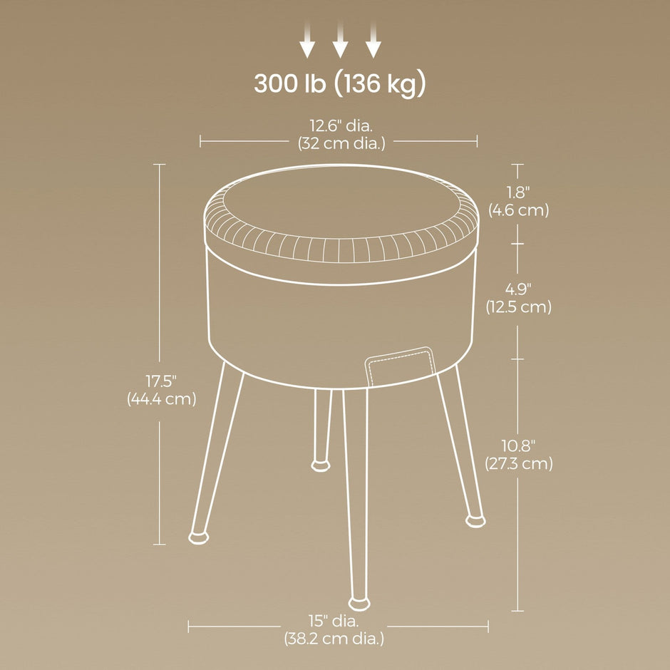 Dressing Table Stool – Synthetic Leather – Round – Mid-Century Modern with Storage and Steel Legs