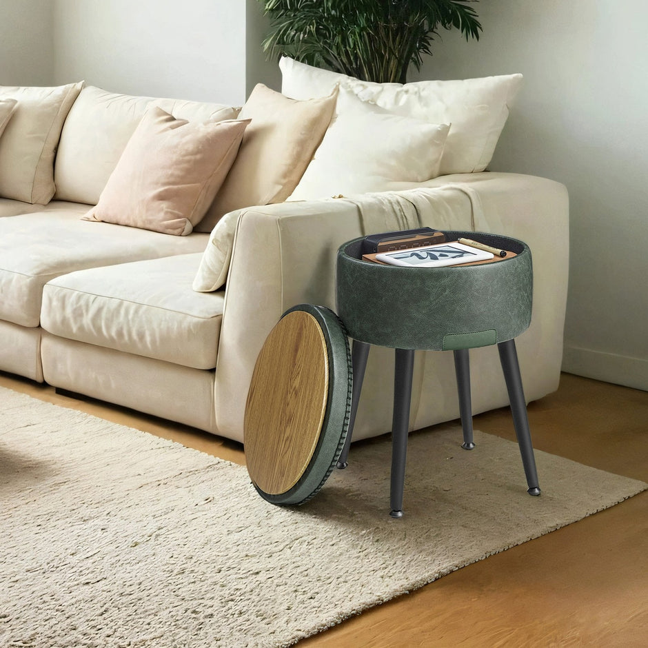 Dressing Table Stool – Synthetic Leather – Round – Mid-Century Modern with Storage and Steel Legs