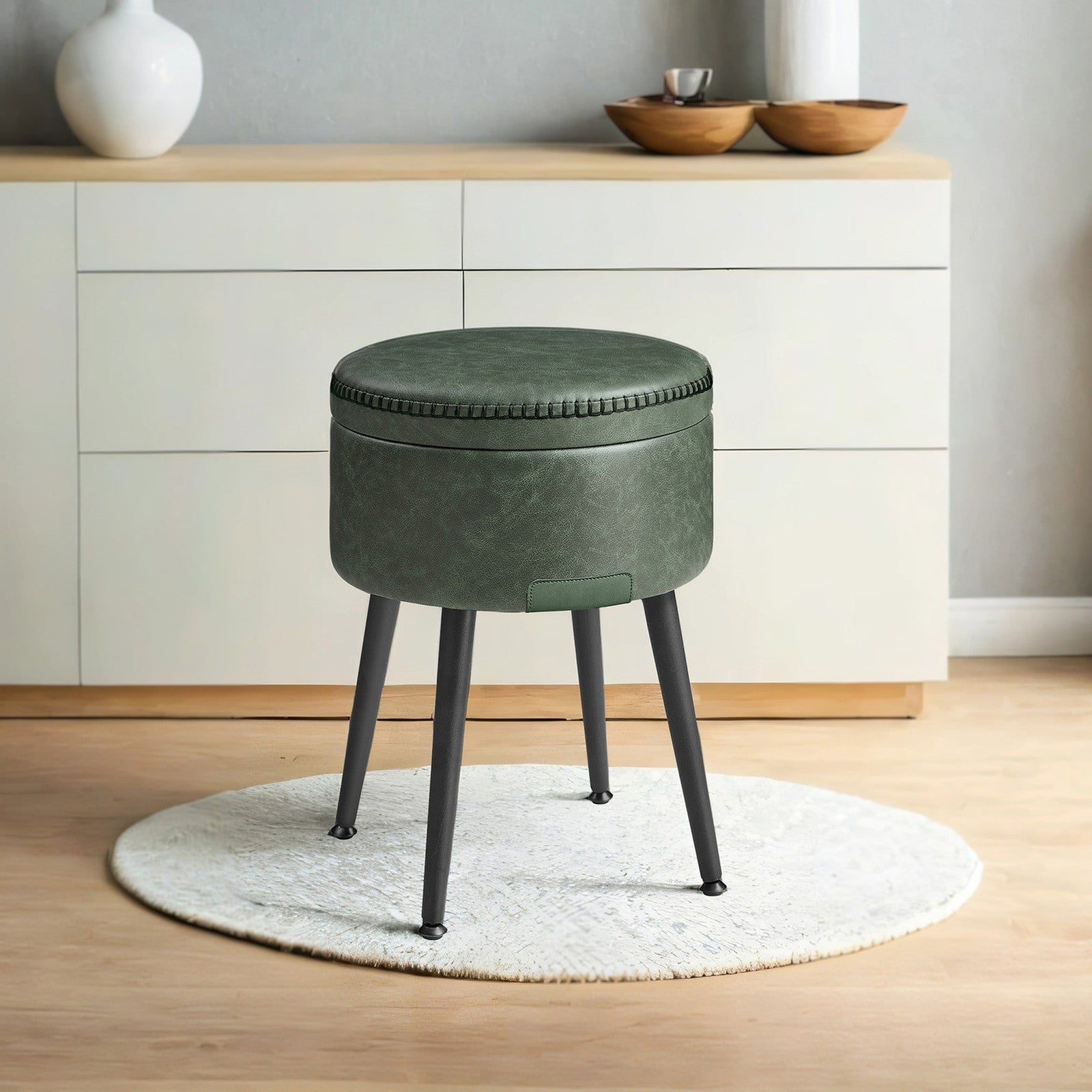 Dressing Table Stool – Synthetic Leather – Round – Mid-Century Modern with Storage and Steel Legs