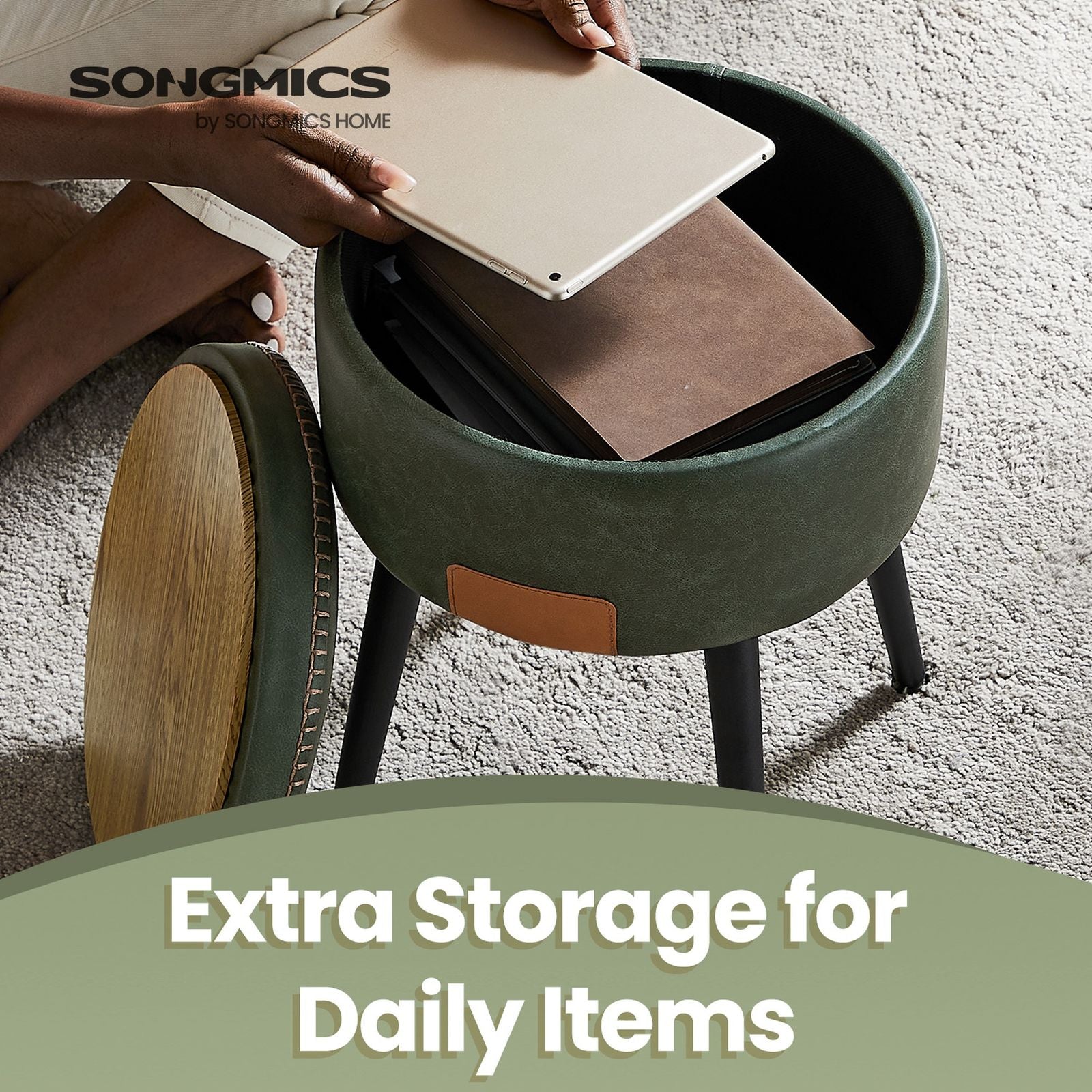 Dressing Table Stool – Synthetic Leather – Round – Mid-Century Modern with Storage and Steel Legs