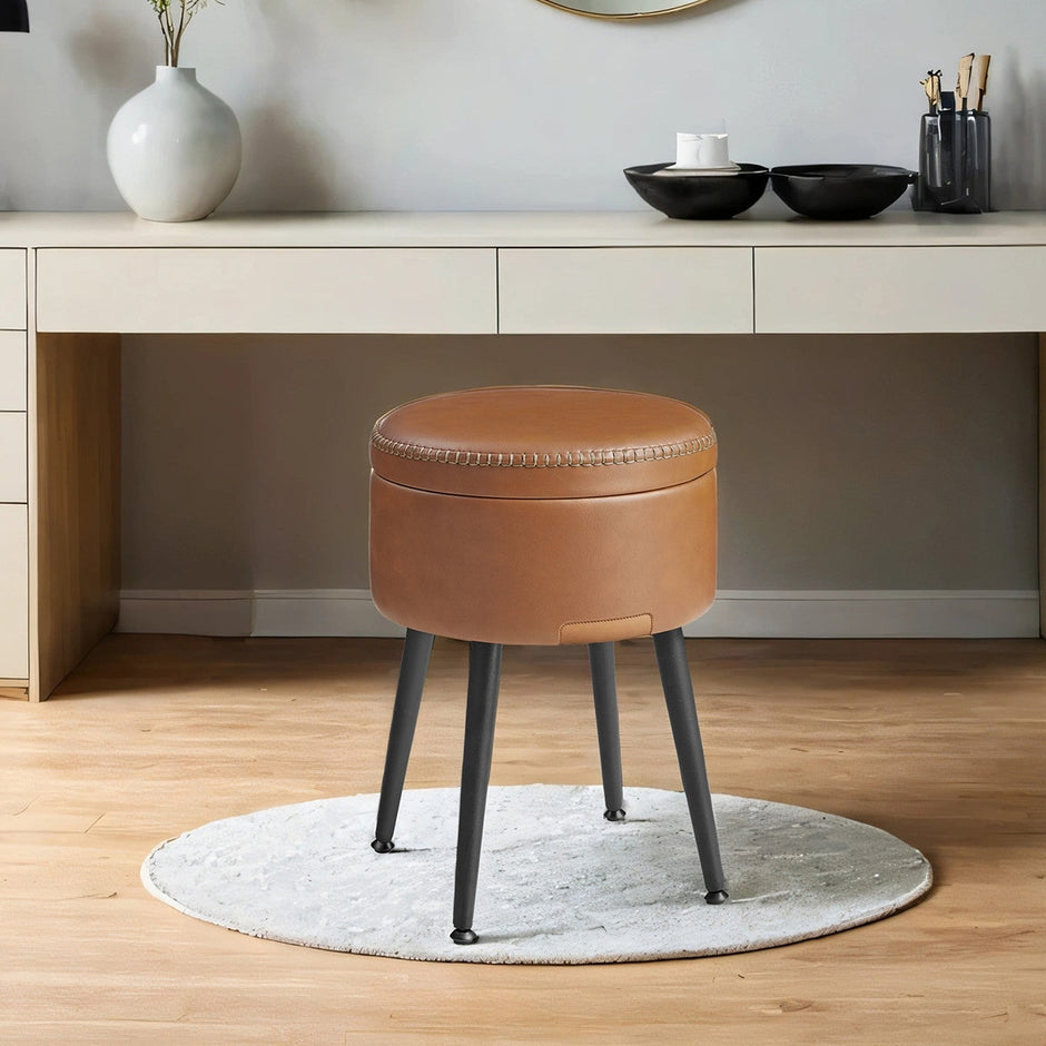 Dressing Table Stool – Synthetic Leather – Round – Mid-Century Modern with Storage and Steel Legs