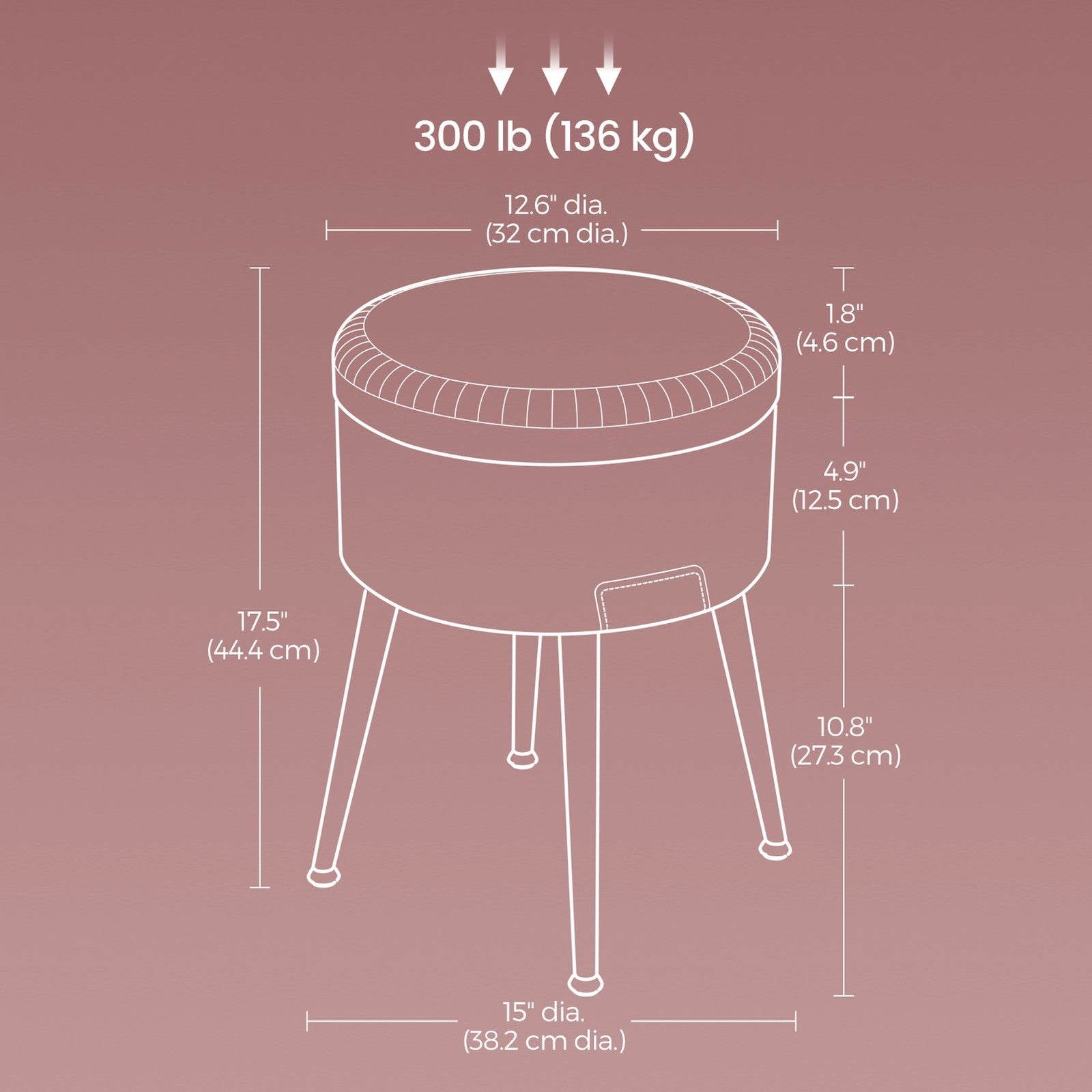 Dressing Table Stool – Synthetic Leather – Round – Mid-Century Modern with Storage and Steel Legs