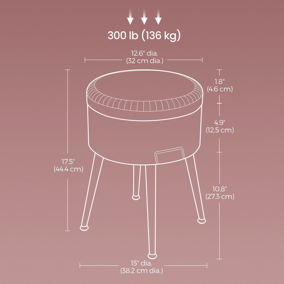Dressing Table Stool – Synthetic Leather – Round – Mid-Century Modern with Storage and Steel Legs