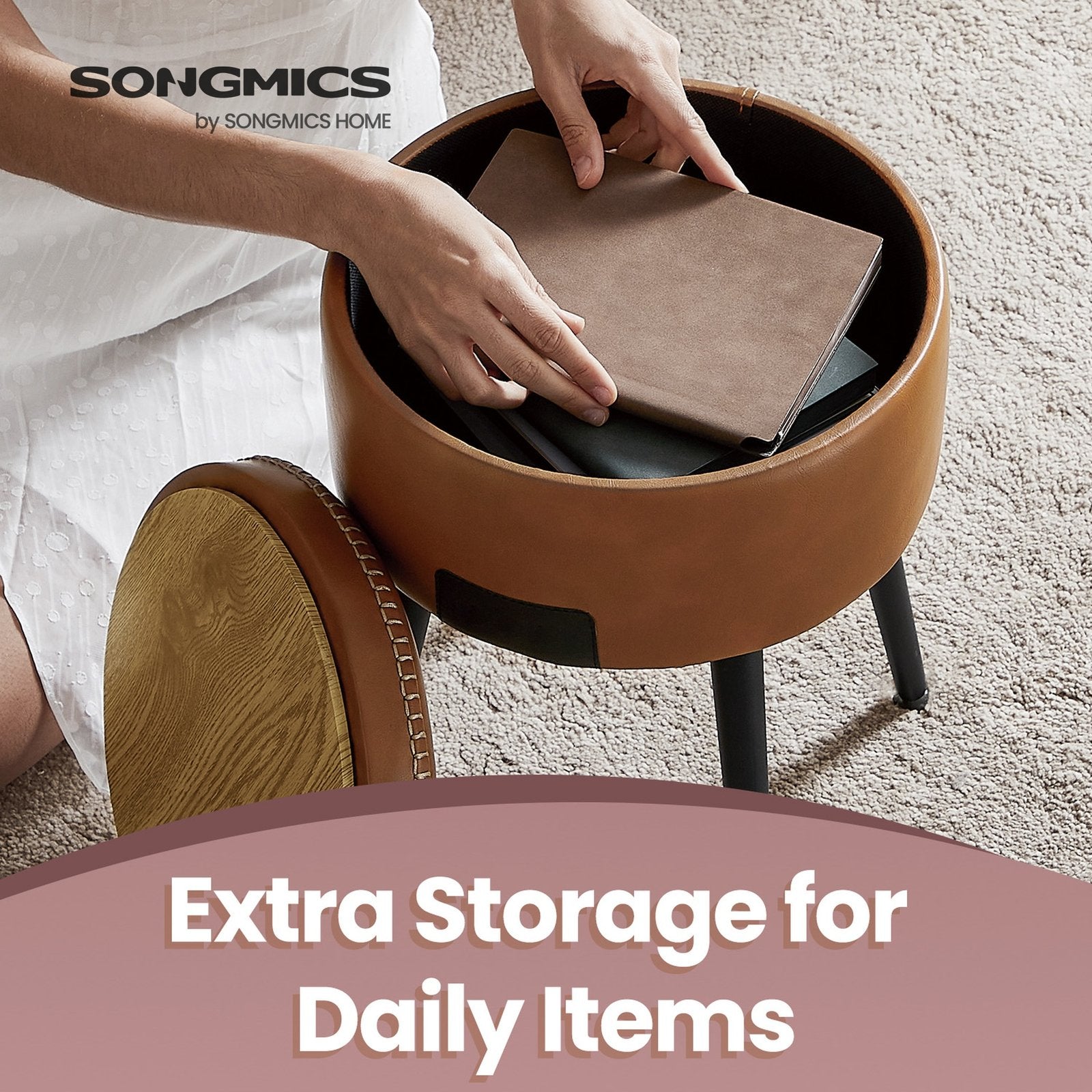 Dressing Table Stool – Synthetic Leather – Round – Mid-Century Modern with Storage and Steel Legs