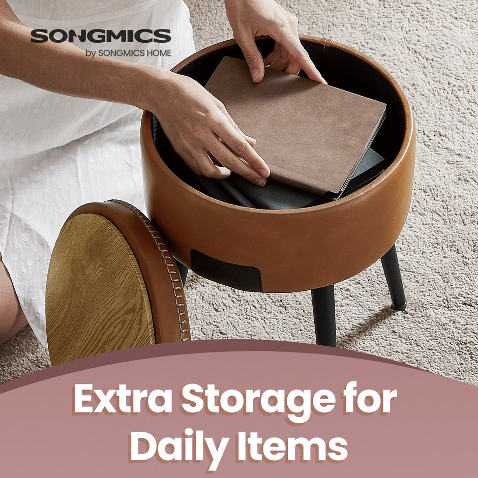 Dressing Table Stool – Synthetic Leather – Round – Mid-Century Modern with Storage and Steel Legs