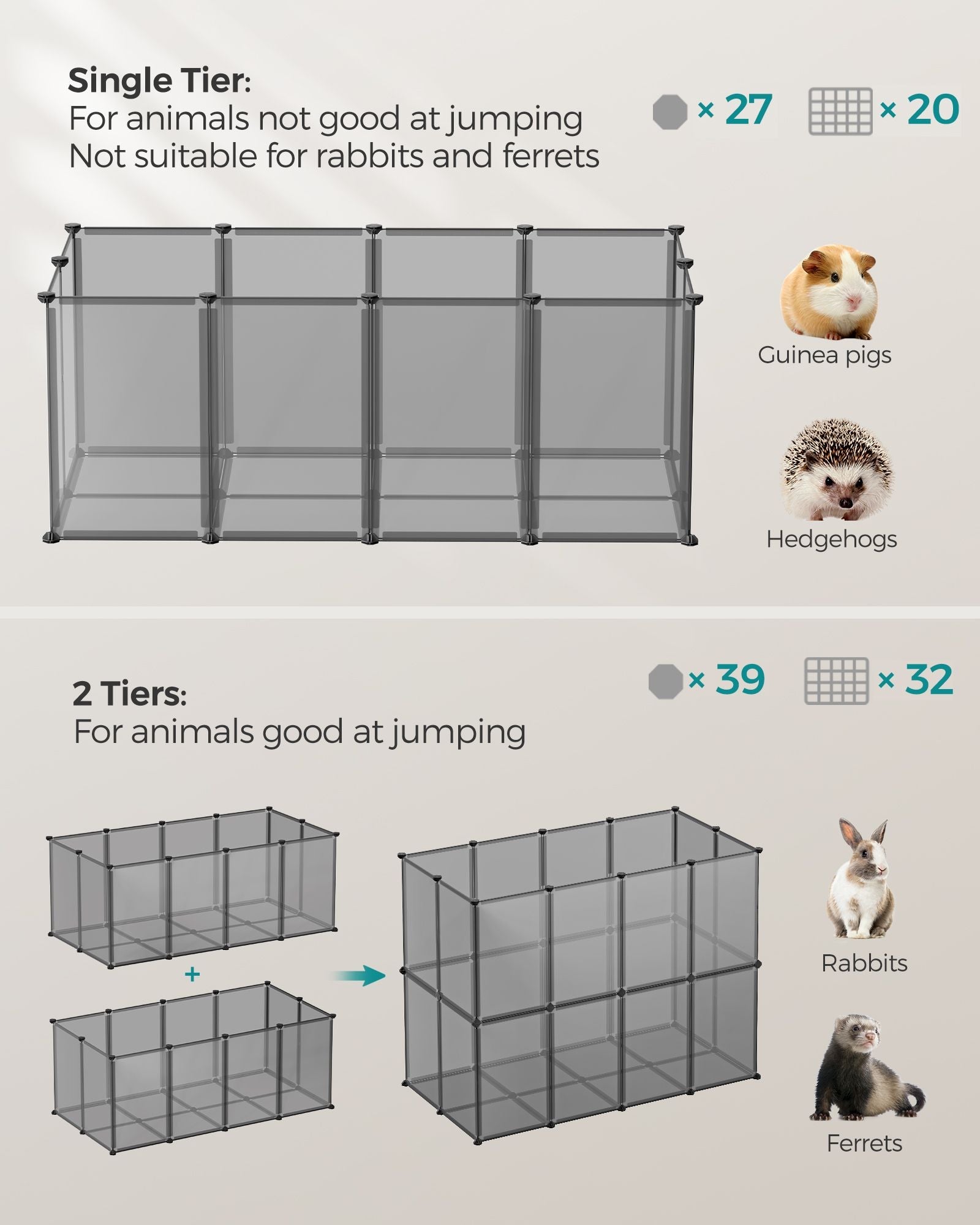 Pet Exercise Playpen – Metal – Grey – 20 Panels with Floor for Small Animals