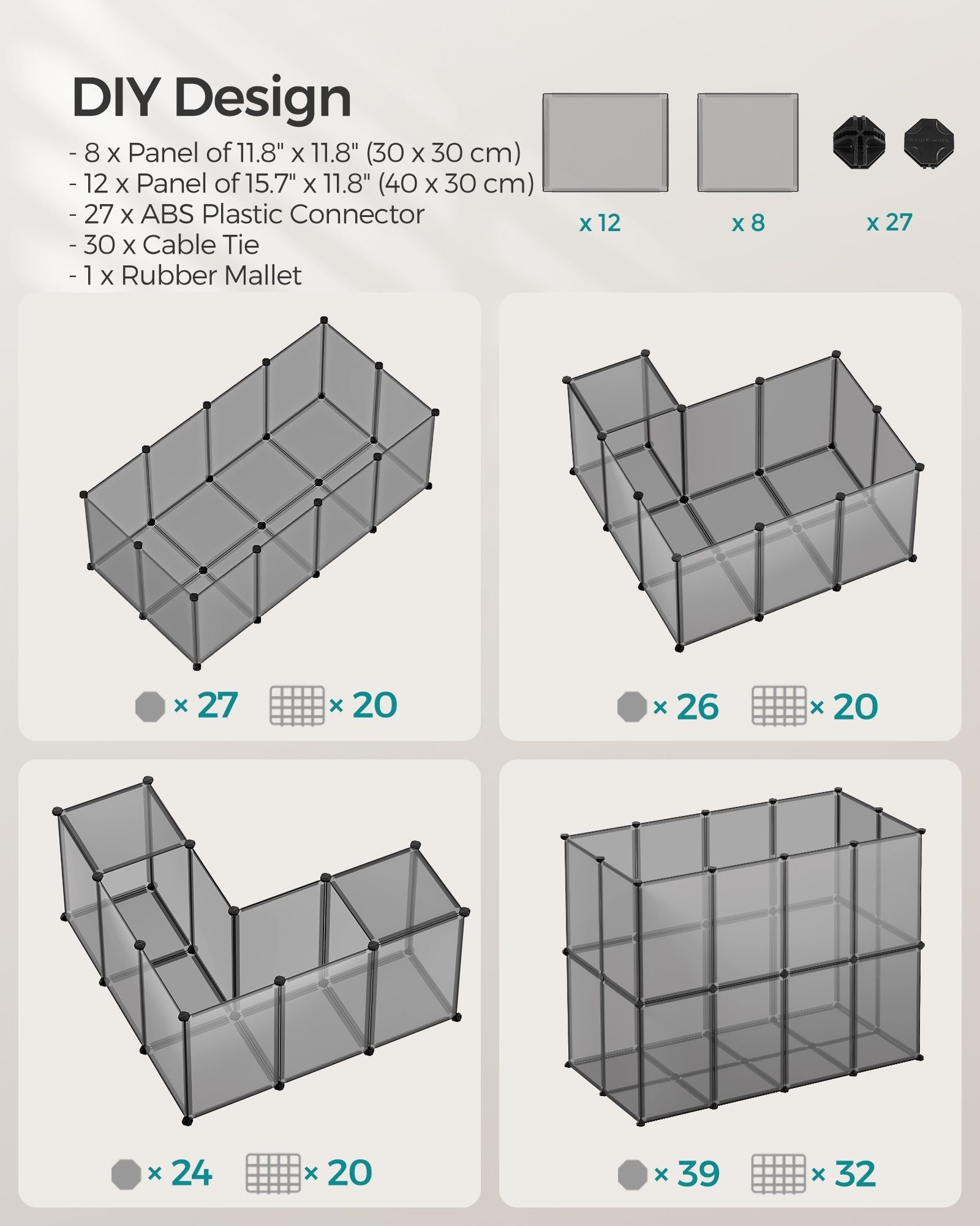 Pet Exercise Playpen – Metal – Grey – 20 Panels with Floor for Small Animals
