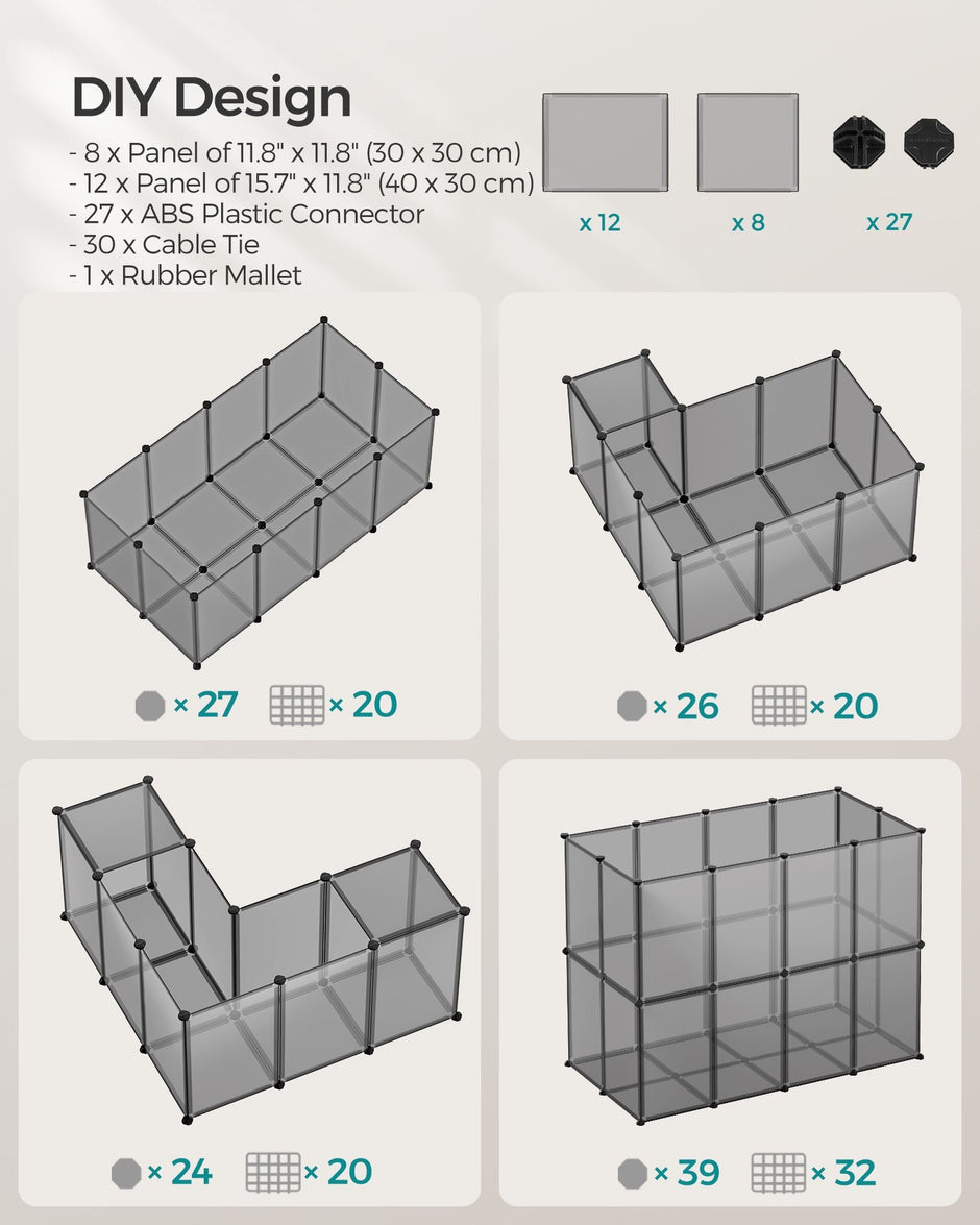 Pet Exercise Playpen – Metal – Grey – 20 Panels with Floor for Small Animals