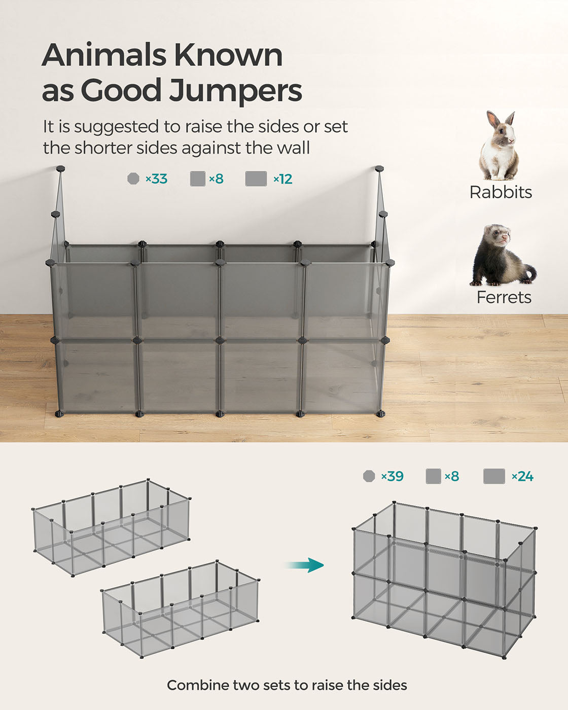 Pet Exercise Playpen – Metal – Grey – 20 Panels with Floor for Small Animals