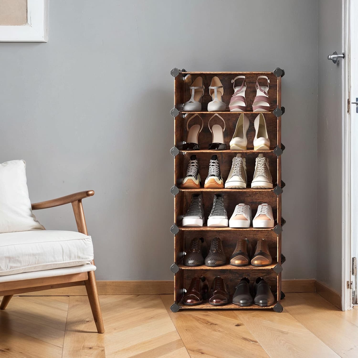 Modular Shoe Storage Shelf – Plastic – Rustic Brown – 10-Tier with Doors
