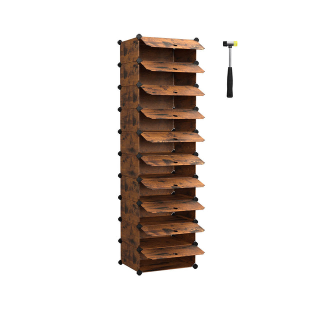 Shoe Rack – Plastic and Metal – Rustic Brown – 10-Slot Modular Storage Unit