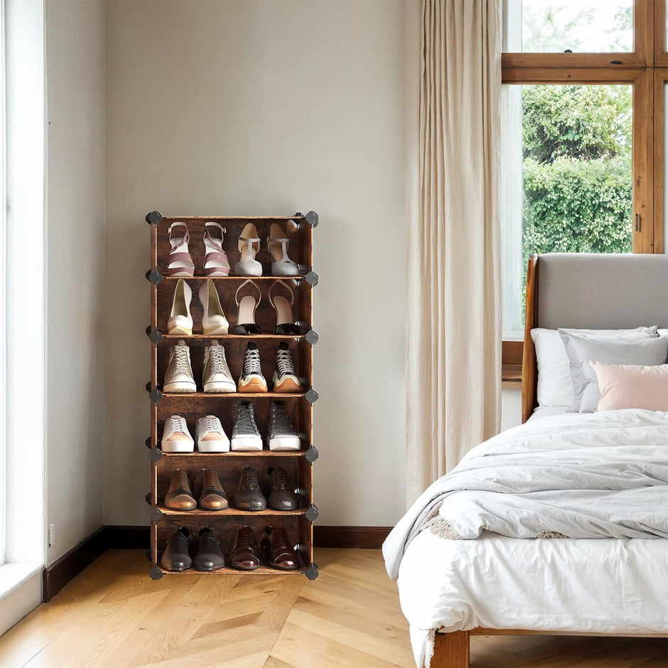 Modular Shoe Storage Shelf – Plastic – Rustic Brown – 10-Tier with Doors