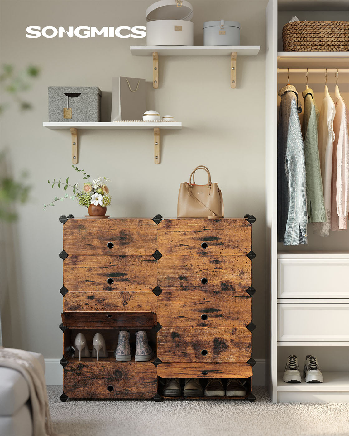 Shoe Rack – Plastic and Metal – Rustic Brown – 10-Slot Modular Storage Unit