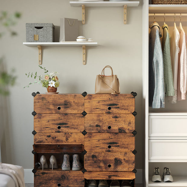 Shoe Rack – Plastic and Metal – Rustic Brown – 10-Slot Modular Storage Unit