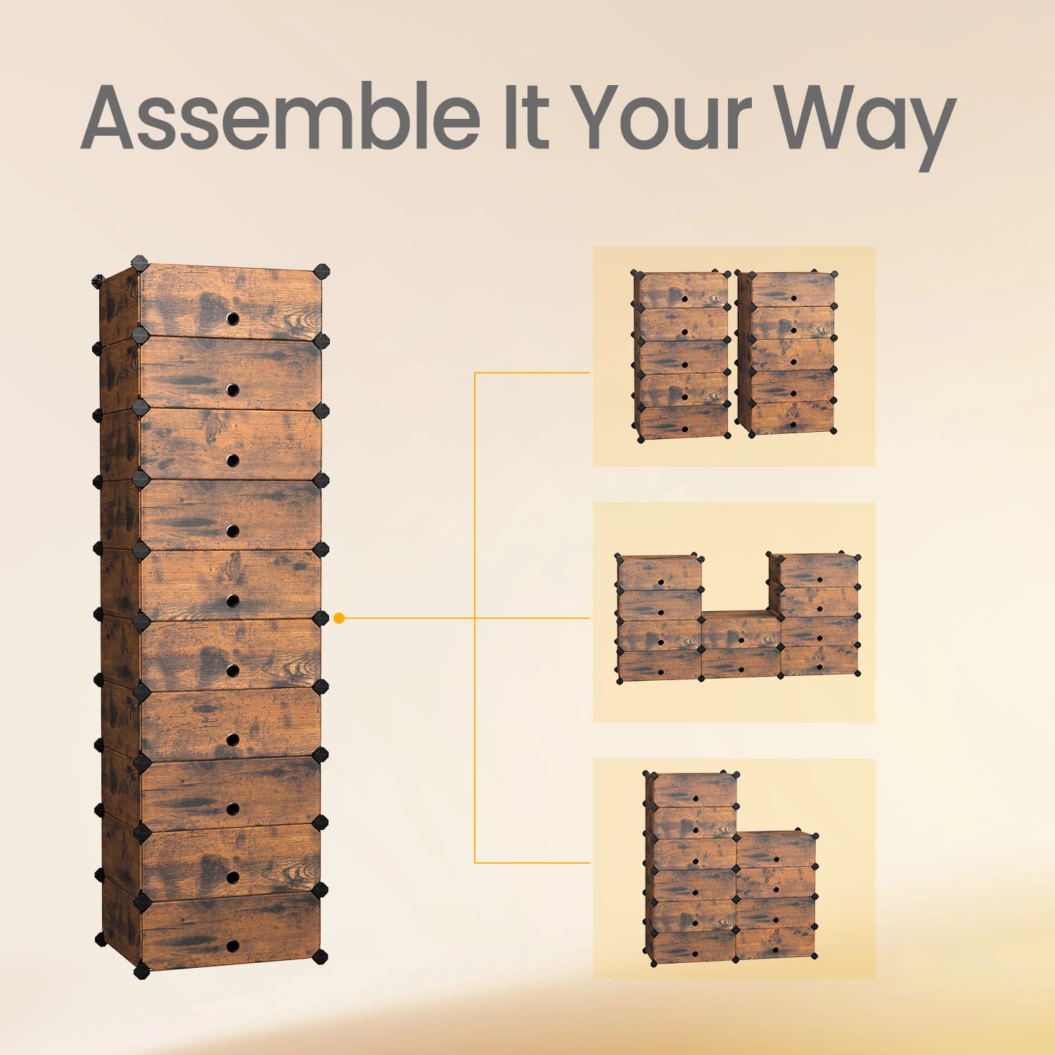 Modular Shoe Storage Shelf – Plastic – Rustic Brown – 10-Tier with Doors