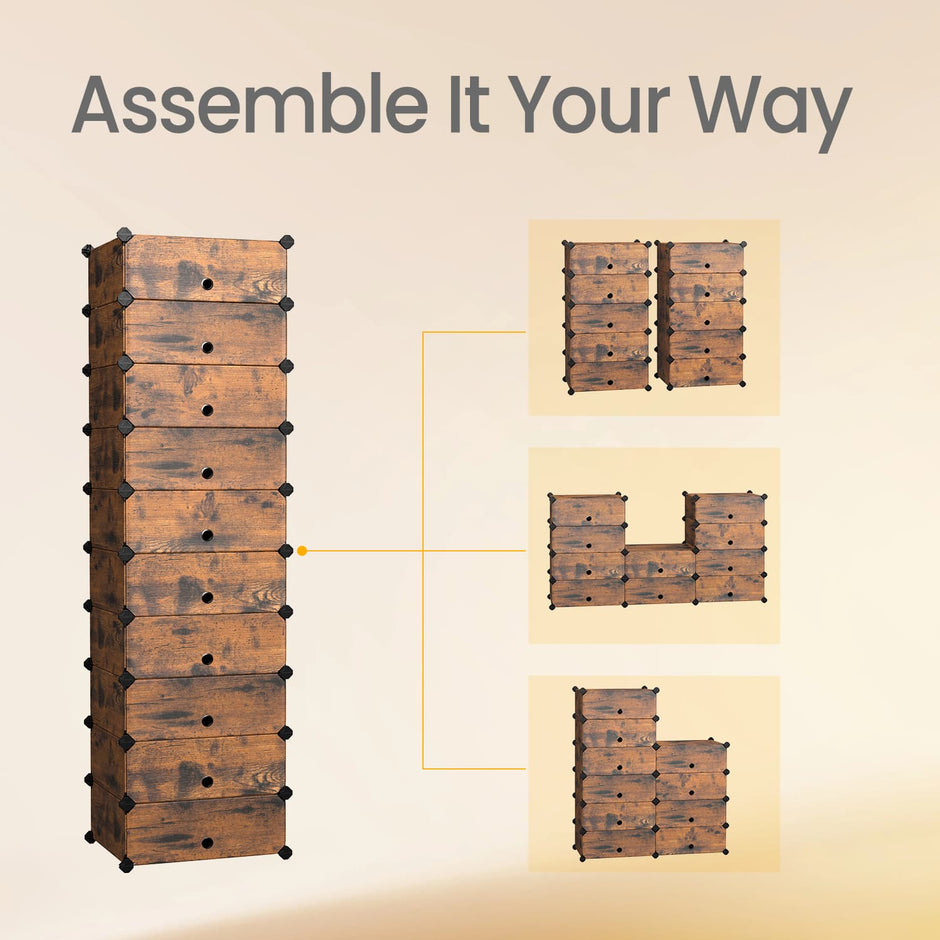 Modular Shoe Storage Shelf – Plastic – Rustic Brown – 10-Tier with Doors