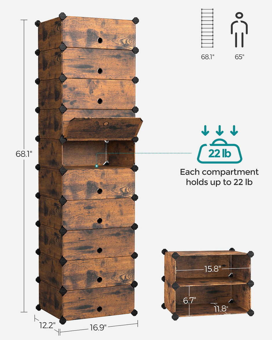 Shoe Rack – Plastic and Metal – Rustic Brown – 10-Slot Modular Storage Unit