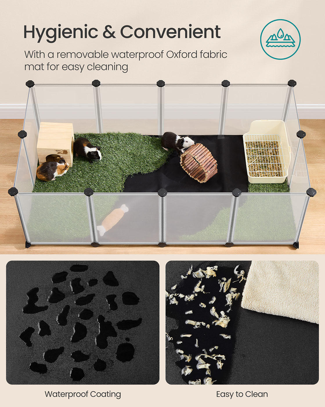 Pet Playpen – Oxford Fabric – White – Removable Floor Mat, Small Animal Enclosure 143 x 73 x 46 cm