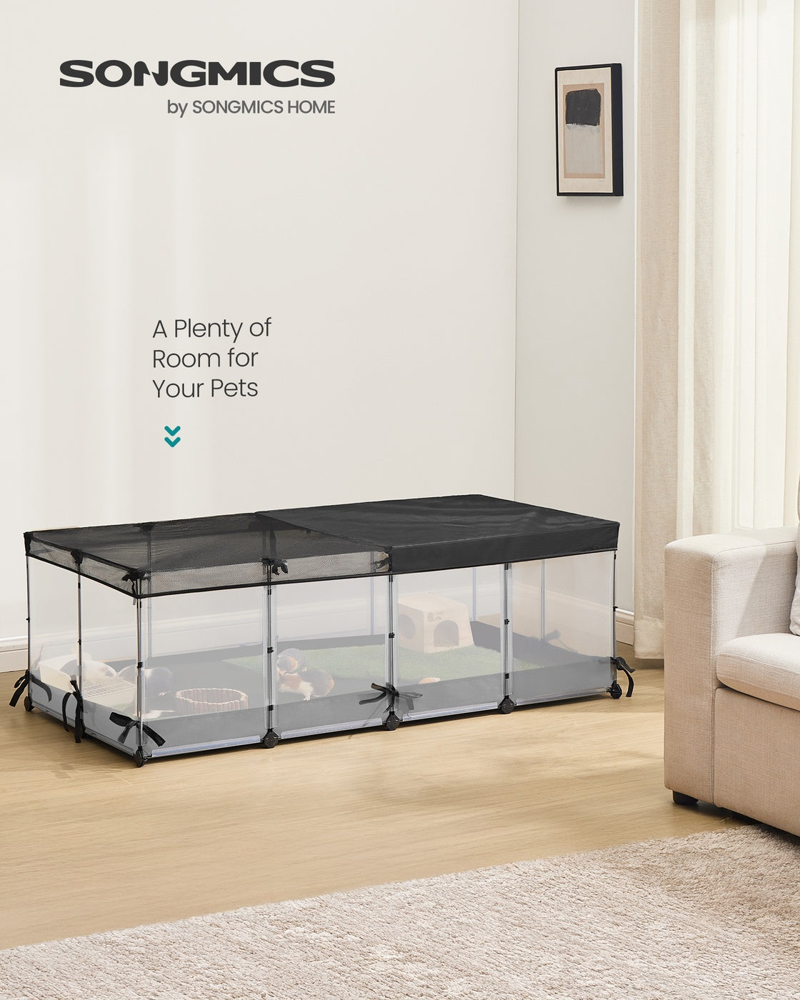 Small Animal Playpen - 144L - PP Plastic, Steel - Semi-Transparent Panels - Breathable Top