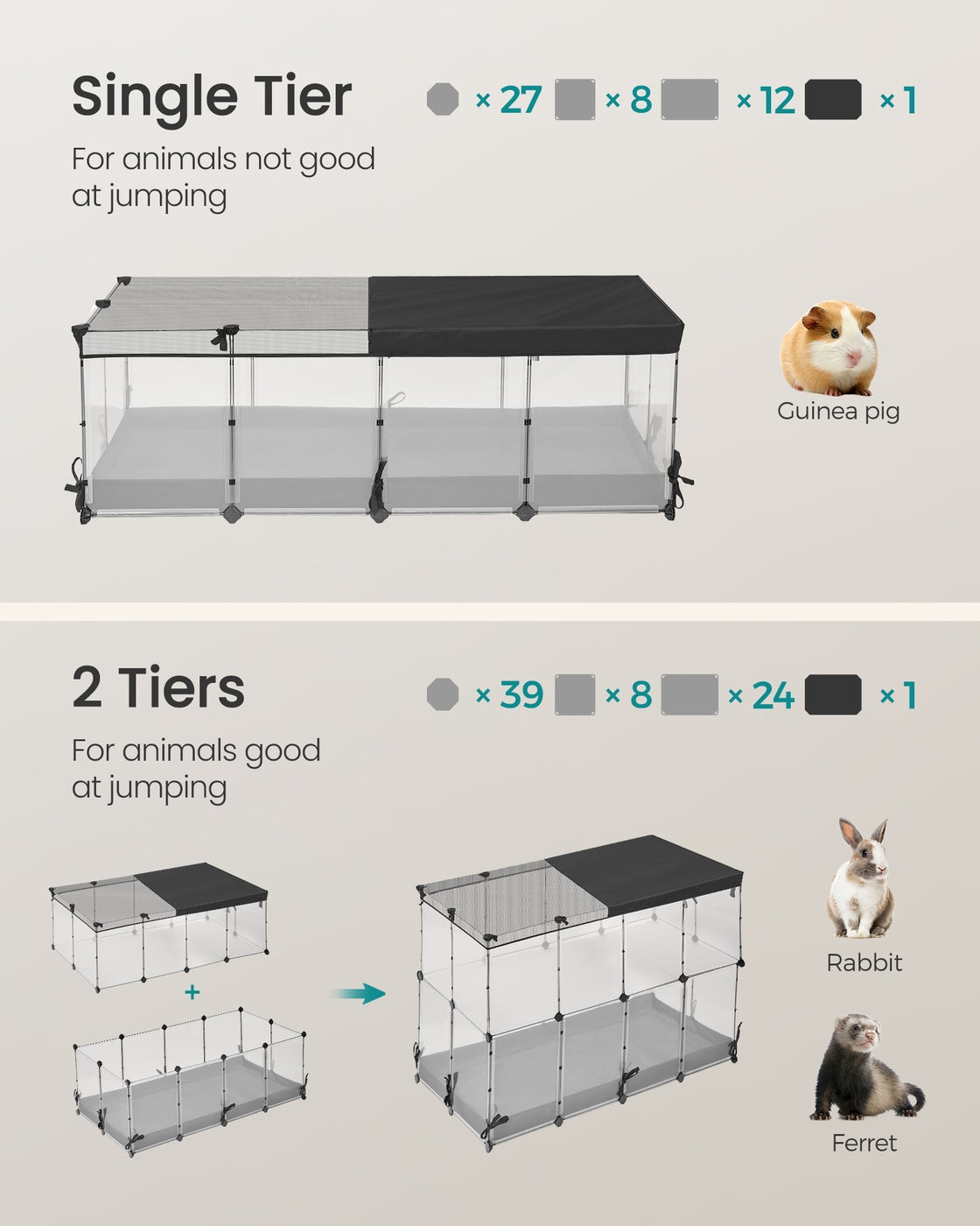 Small Animal Playpen - 144L - PP Plastic, Steel - Semi-Transparent Panels - Breathable Top