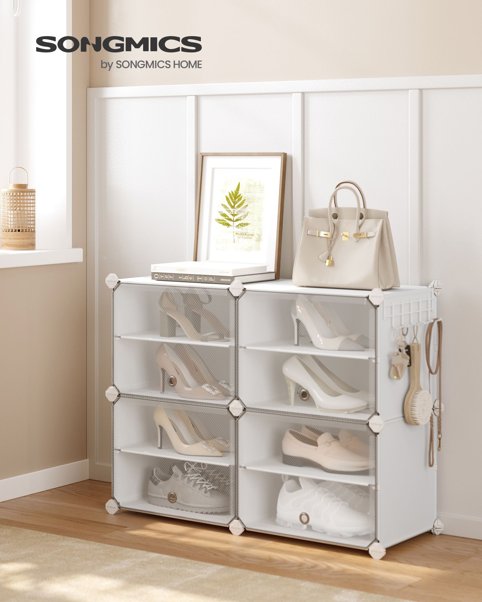 Interlocking Shoe Rack – Plastic – Cloud White – Modular 4-Slot Storage Unit with Doors