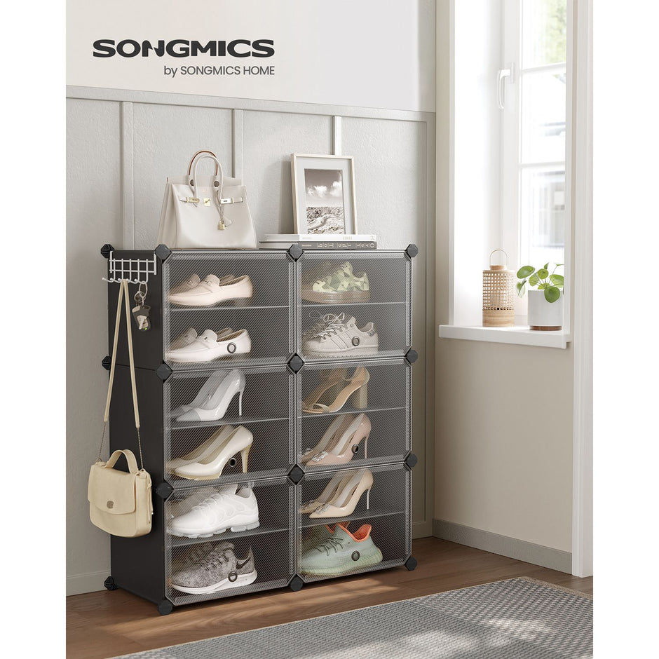 Shoe Rack – Plastic and Steel – Black – Modular 6-Slot Storage with Doors