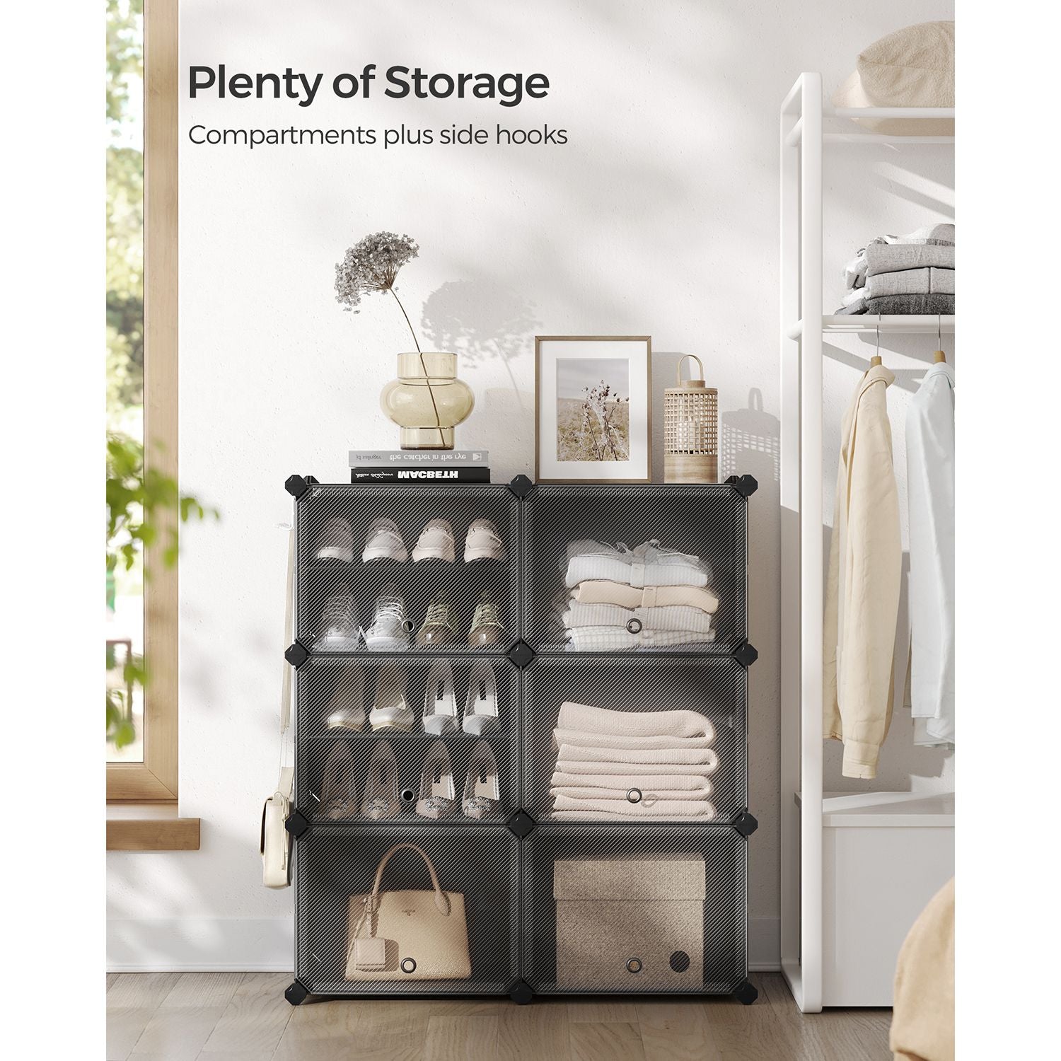 Shoe Rack – Plastic and Steel – Black – Modular 6-Slot Storage with Doors