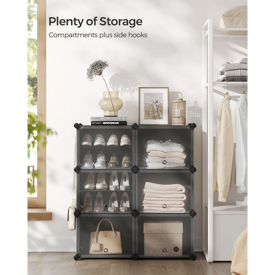 Shoe Rack – Plastic and Steel – Black – Modular 6-Slot Storage with Doors