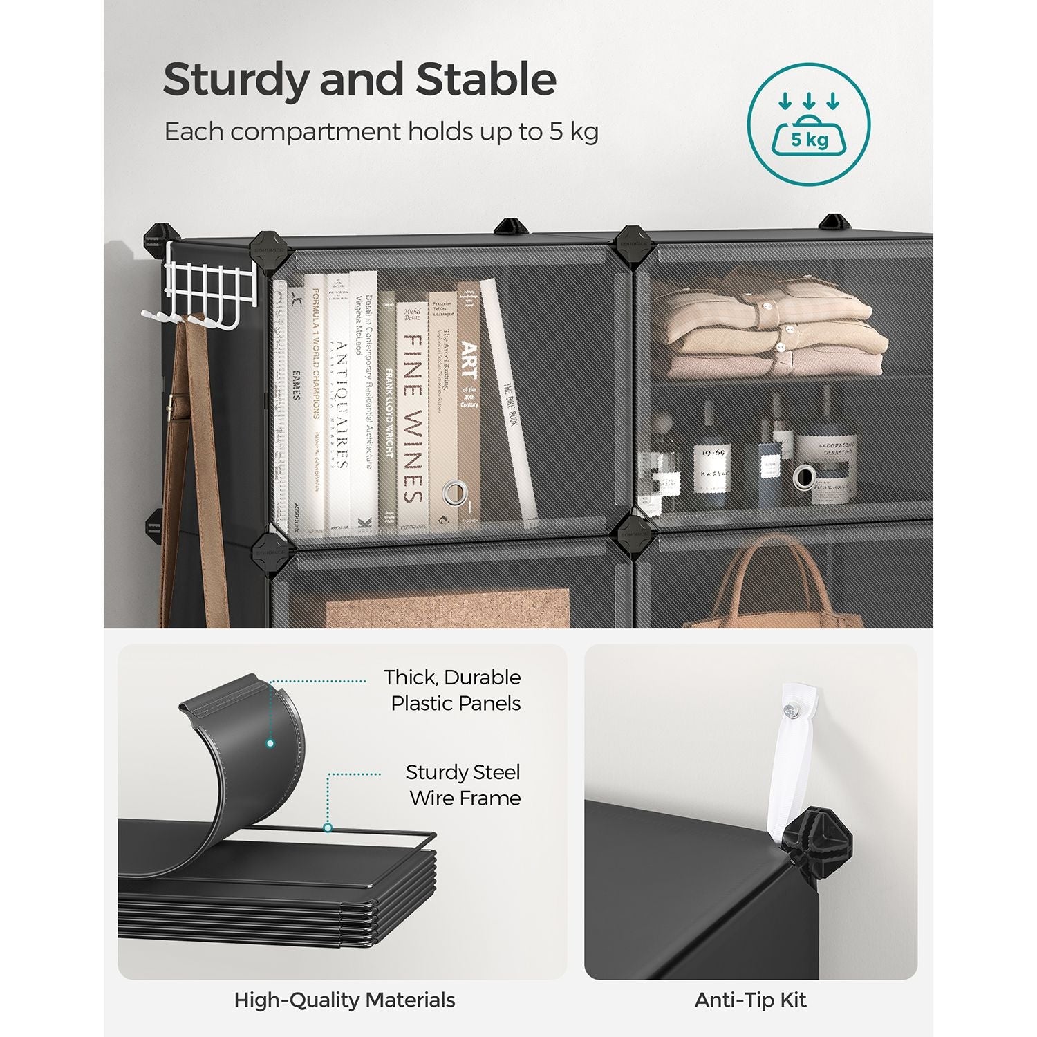 Shoe Rack – Plastic and Steel – Black – Modular 6-Slot Storage with Doors