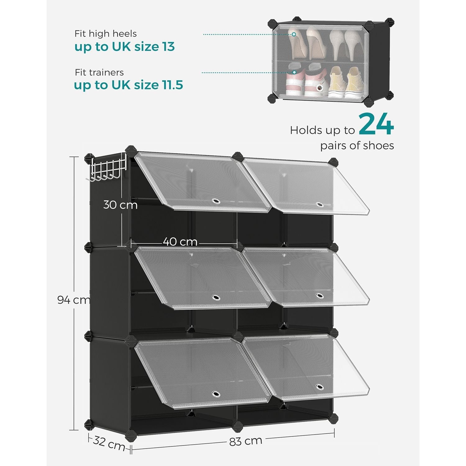 Shoe Rack – Plastic and Steel – Black – Modular 6-Slot Storage with Doors