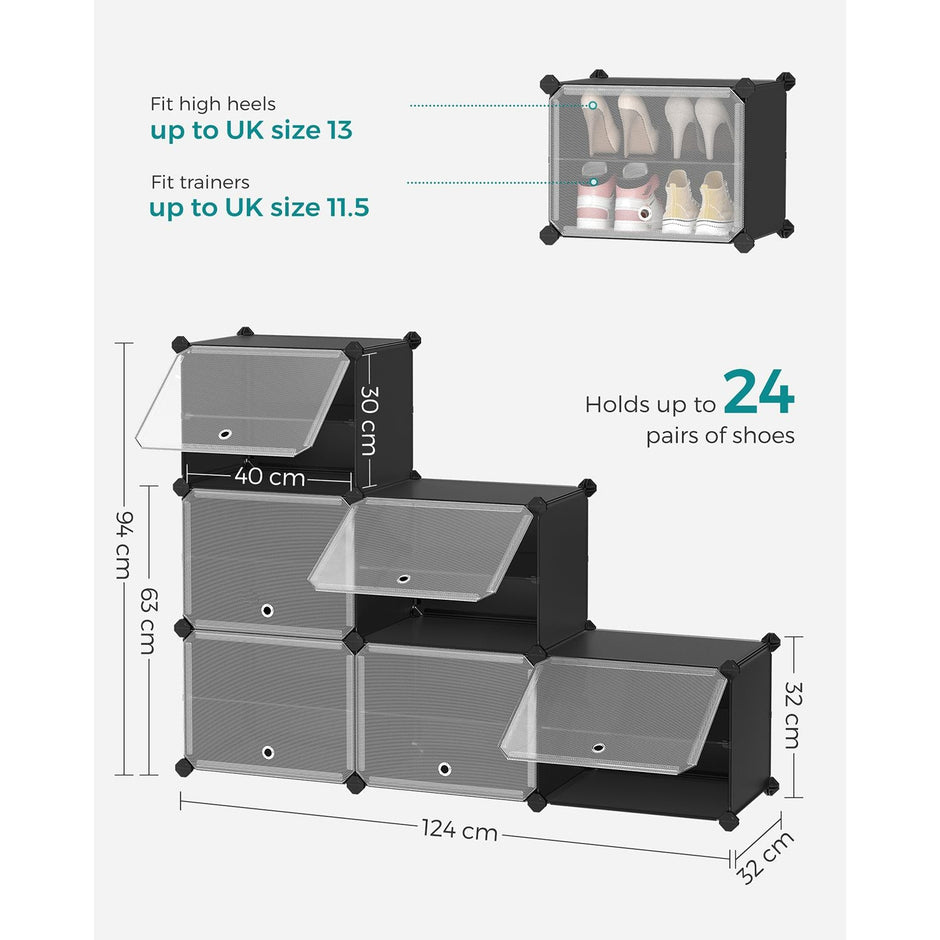 Shoe Rack – Plastic and Steel – Black – Modular 6-Slot Storage with Doors
